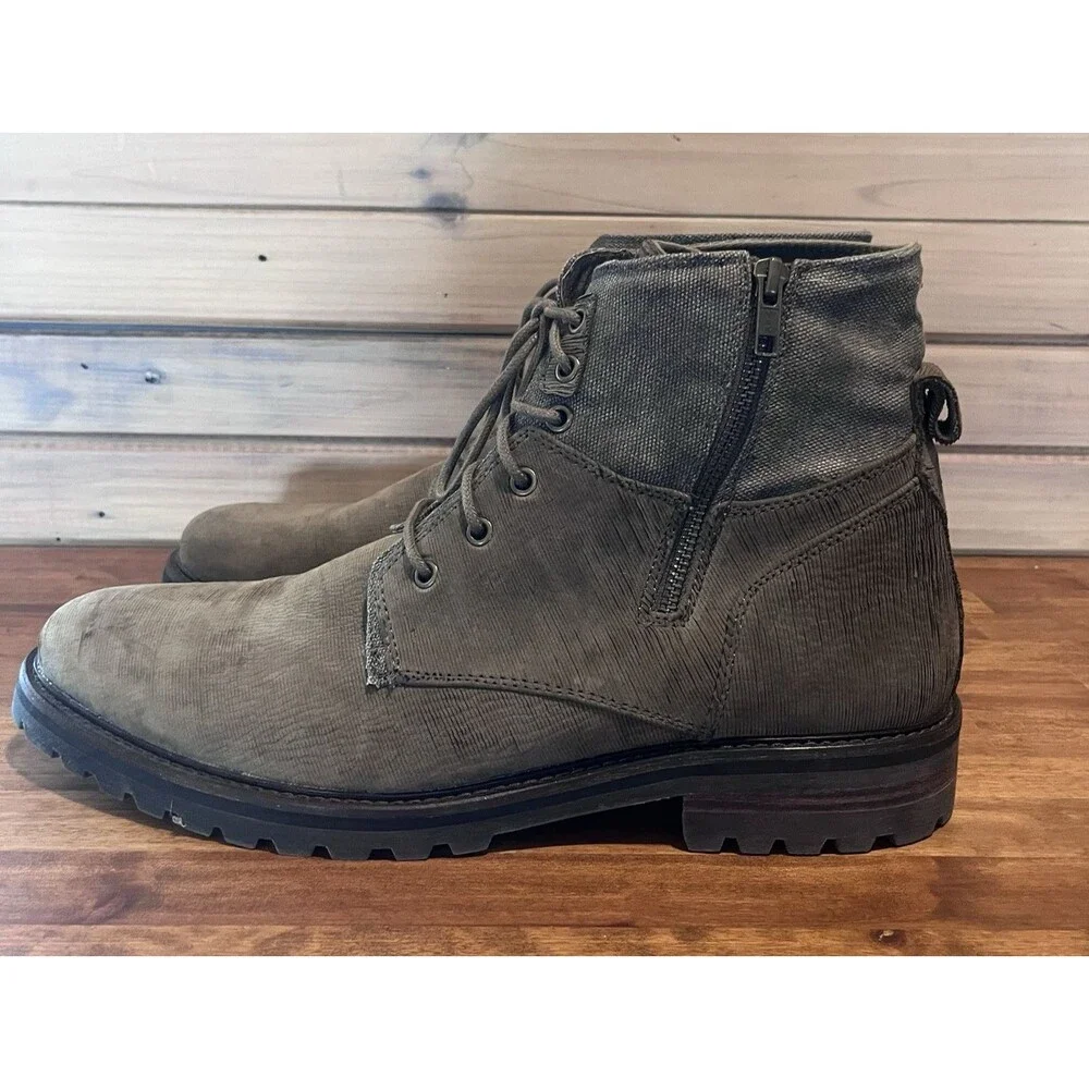 Mark Nason Boots Mens 13 Combat Boots Brown/Gray Leather Canvas Side Zip 68240